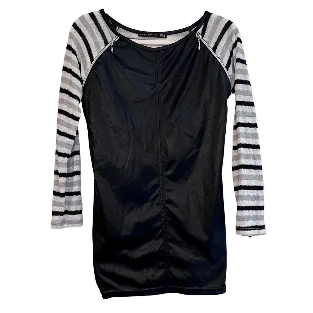 Zara Women Faux Leather Top Striped Sleeves/Back Size Medium